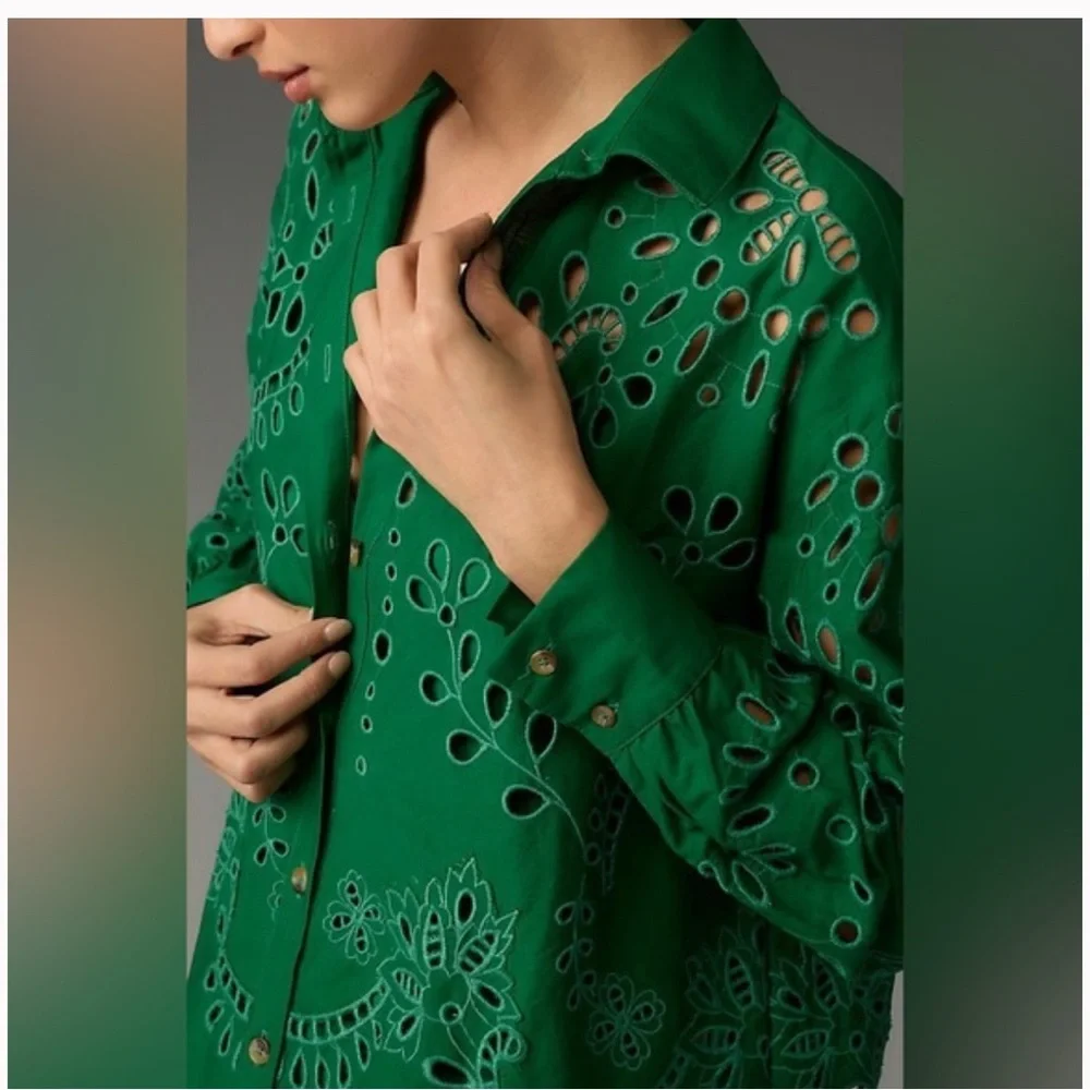Anthropologie Green Eyelet Dress with slip dress - Picture 4 of 8